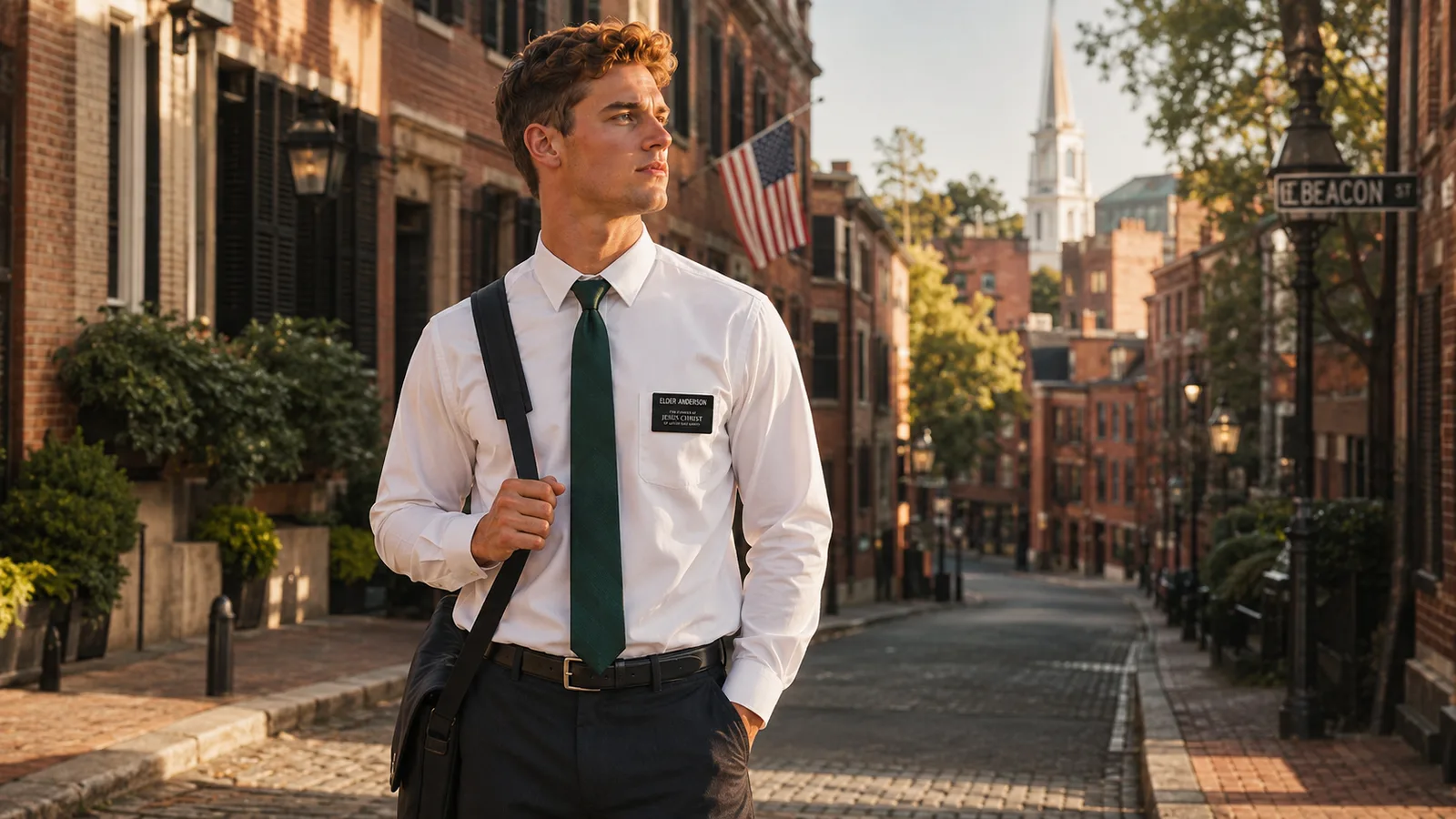 A missionary in a white shirt and green tie on a brick street in Boston