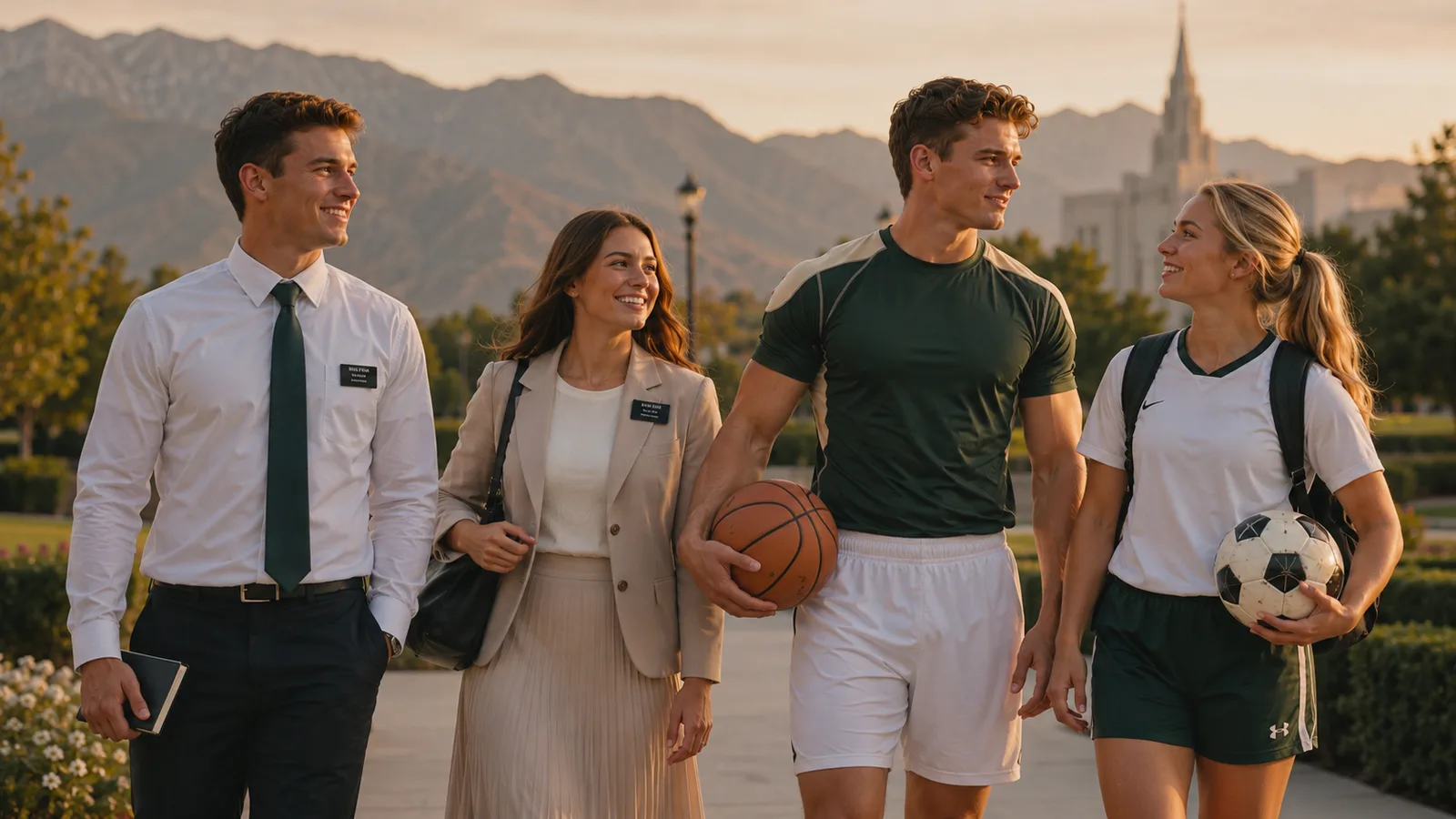 Two missionaries and two athletes walking together, mountains and a temple spire behind them