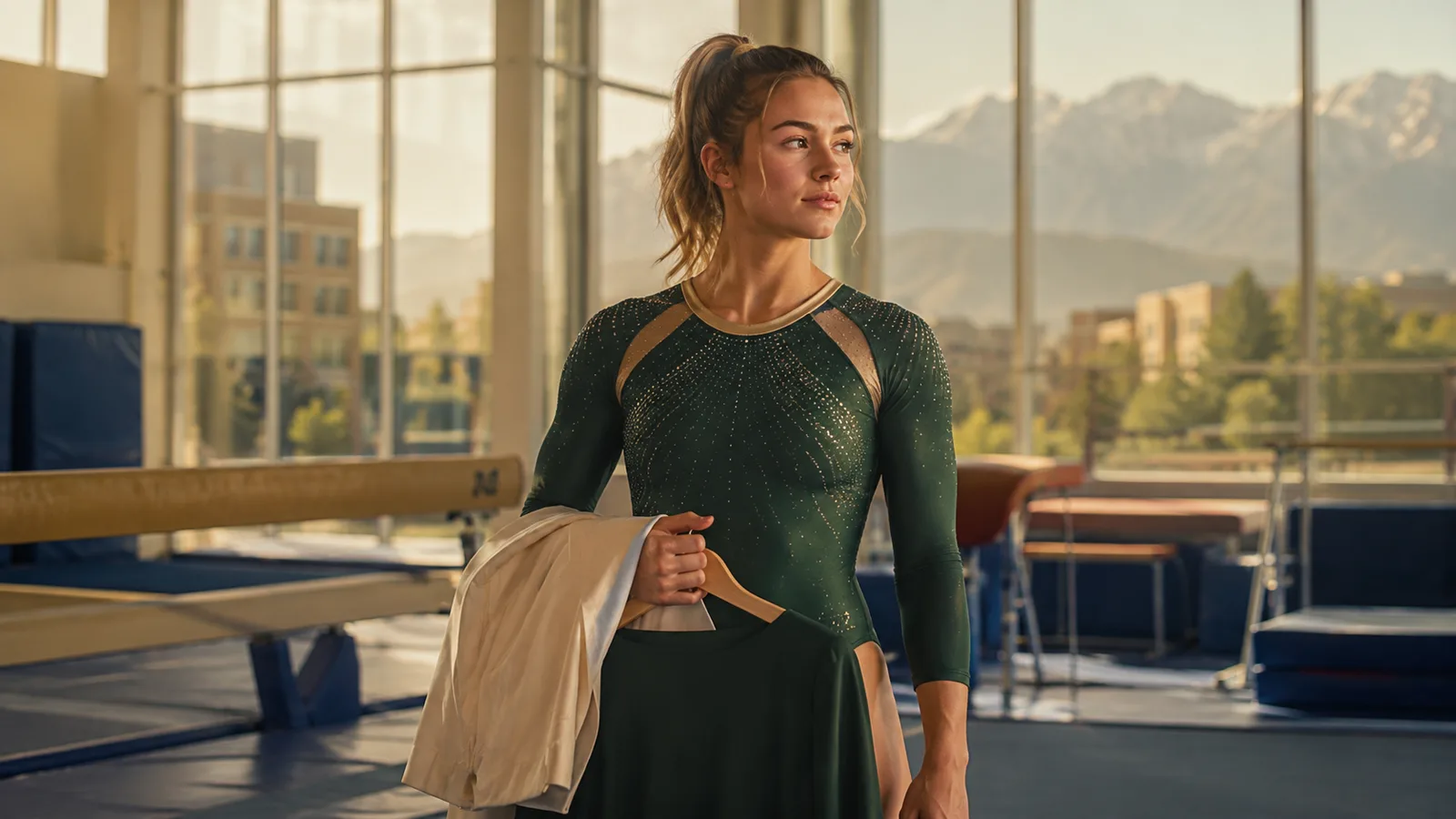 A gymnast in a green and gold leotard holding a hanger with a modest dress