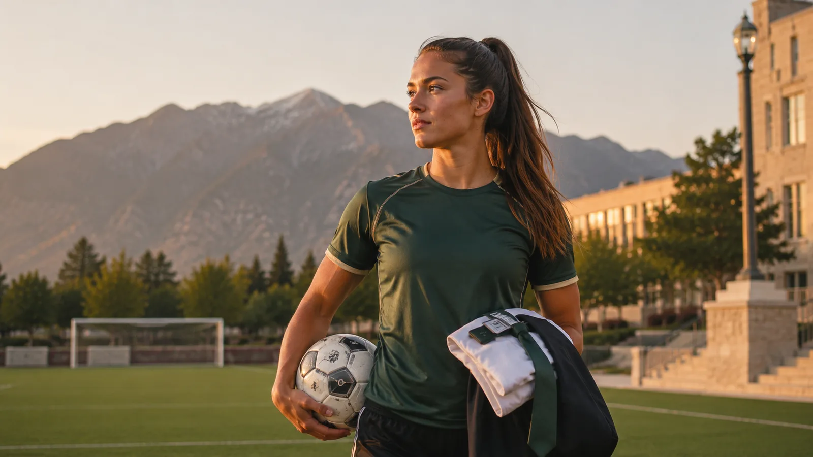 A soccer player holding a ball and folded missionary clothing on a pitch at sunset